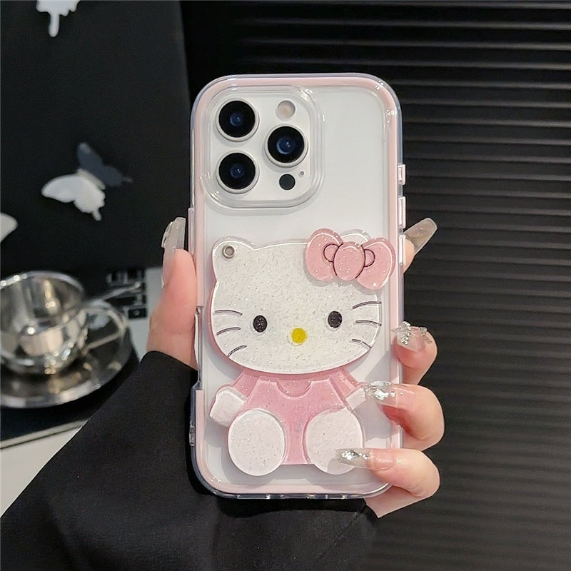 For iPhone Cute Cartoon Case, Women Girls Kids 3D Bow Kawaii Pink Cartoon Face Makeup Mirror Soft TPU Clear Protective Phone Cover