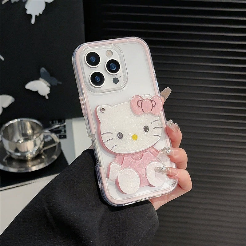 For iPhone Cute Cartoon Case, Women Girls Kids 3D Bow Kawaii Pink Cartoon Face Makeup Mirror Soft TPU Clear Protective Phone Cover