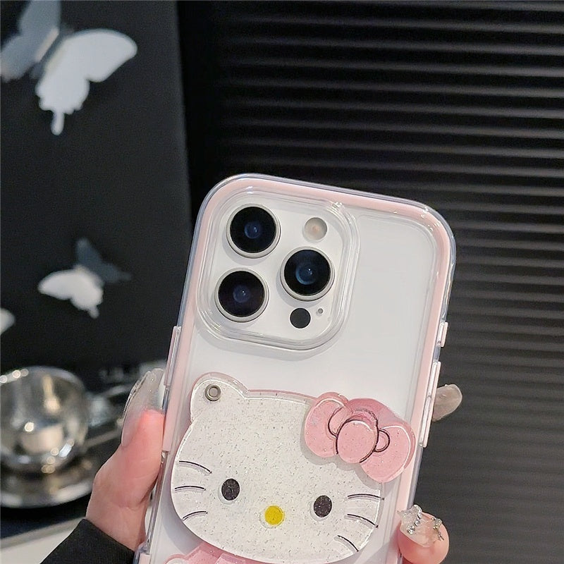 For iPhone Cute Cartoon Case, Women Girls Kids 3D Bow Kawaii Pink Cartoon Face Makeup Mirror Soft TPU Clear Protective Phone Cover