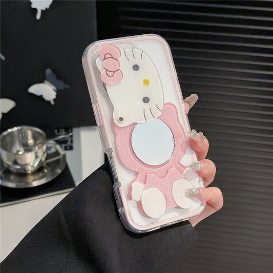 For iPhone Cute Cartoon Case, Women Girls Kids 3D Bow Kawaii Pink Cartoon Face Makeup Mirror Soft TPU Clear Protective Phone Cover