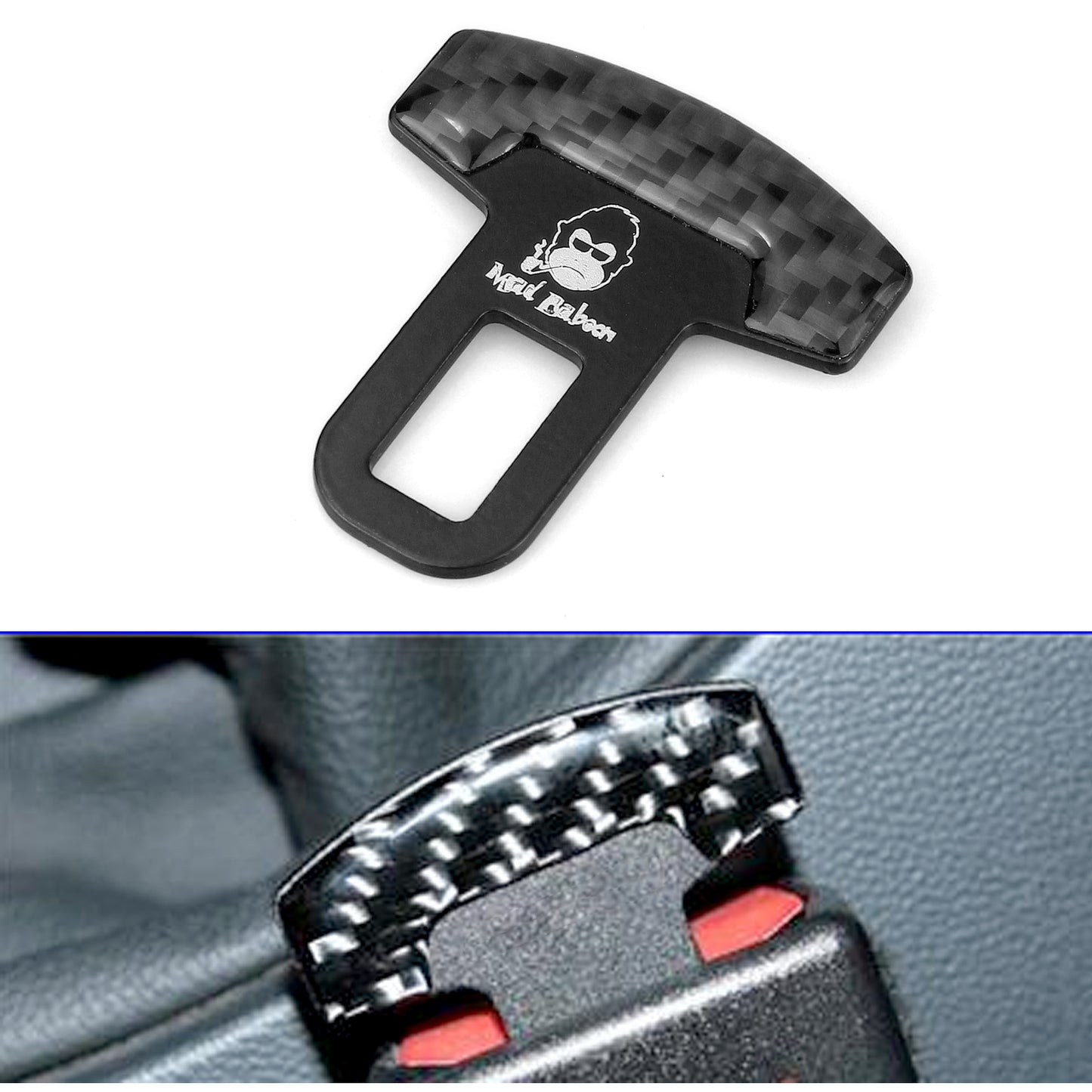 MAD BABOON Carbon-Fibre seat belt buckle inserted into alarm stopper bottle opener seat belt clip