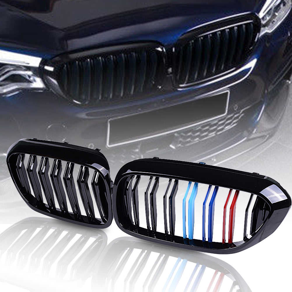 MAD BABOON Front Bumper Kidney Grill Double Line Grille Compatible for 2017 2018 BMW 5 Series G30 G38 M5 520i 530i 535i 540i 550i (Gloss Black/ M Color)