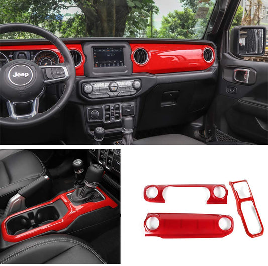 MAD BABOON 3PCS Car Center Console Dashboard Cover Trim For 2018-2023 Jeep Wrangler JL Blue/Red/Carbon Fiber Interior