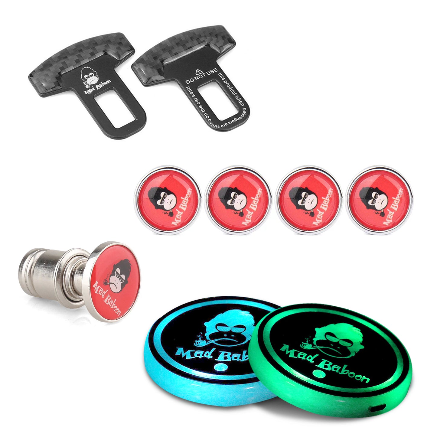 MAD BABOON Car seat belt clip, car coaster, cigarette lighter push button, valve cap, suitable for car interior decoration, gift box packaging